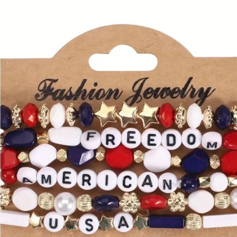 4th Of July Patriotic American USA Freedom Stretch Bangle Set Of 6 Unisex New